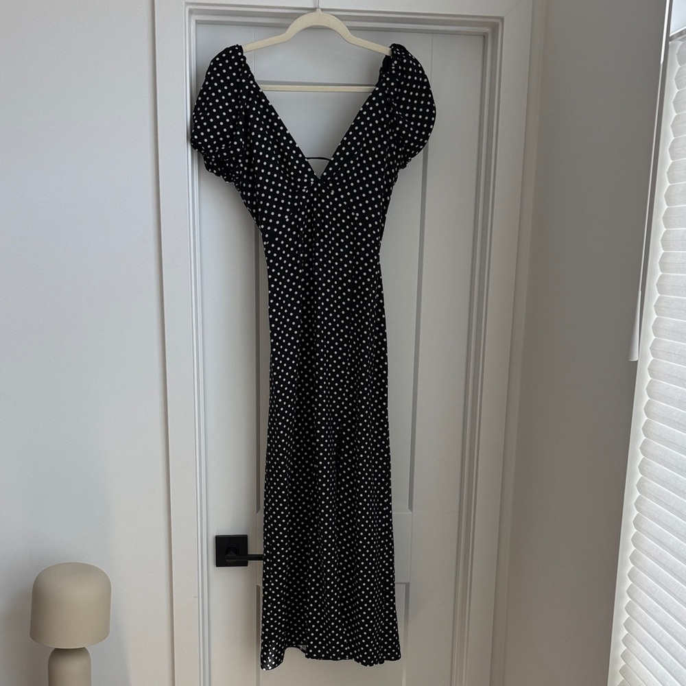 Zara Black and White Polka Dot Midi Dress with Puff Sleeves